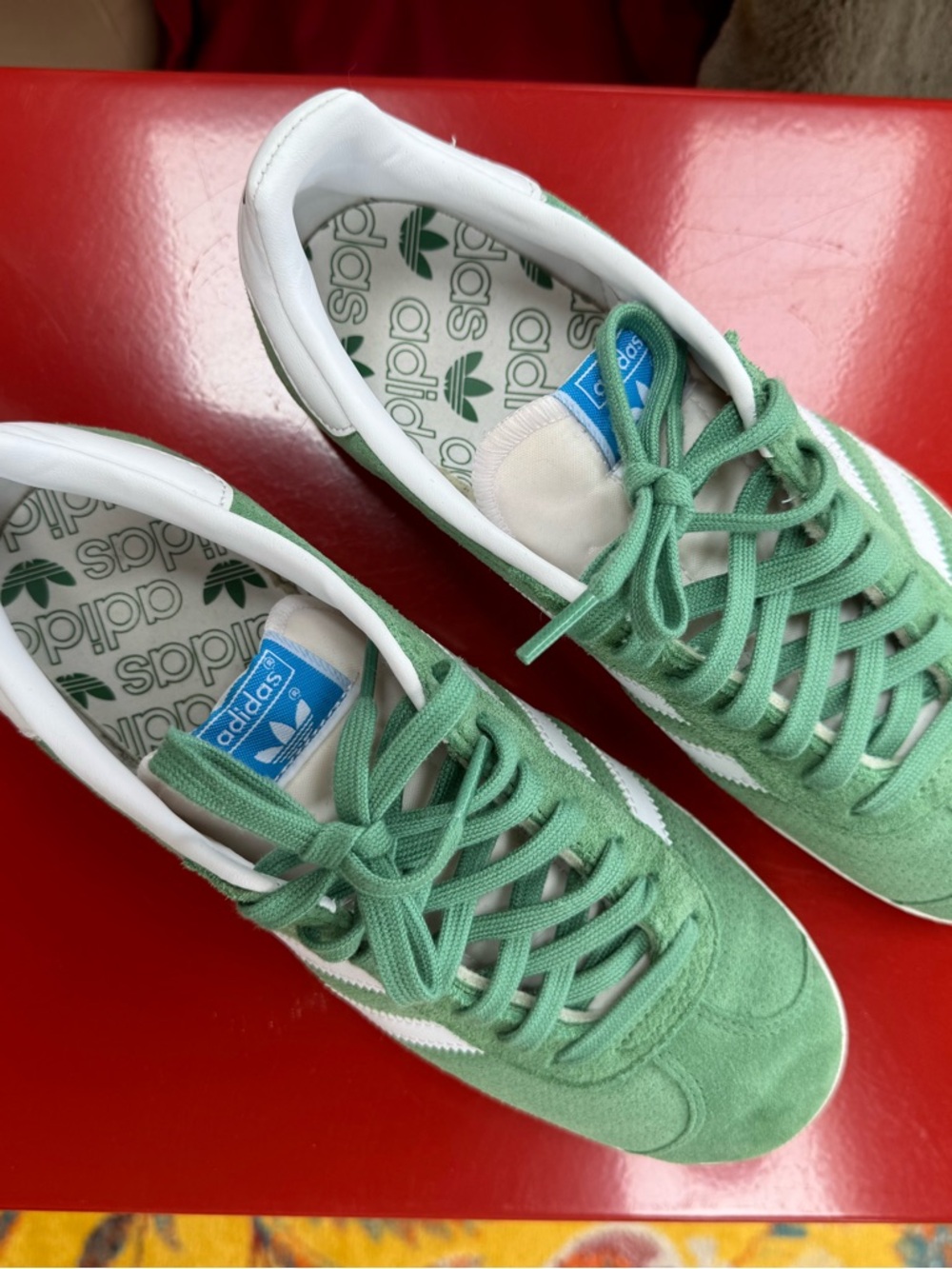 adidas Green Suede Sneakers with White Stripes and Blue Logo Tag
